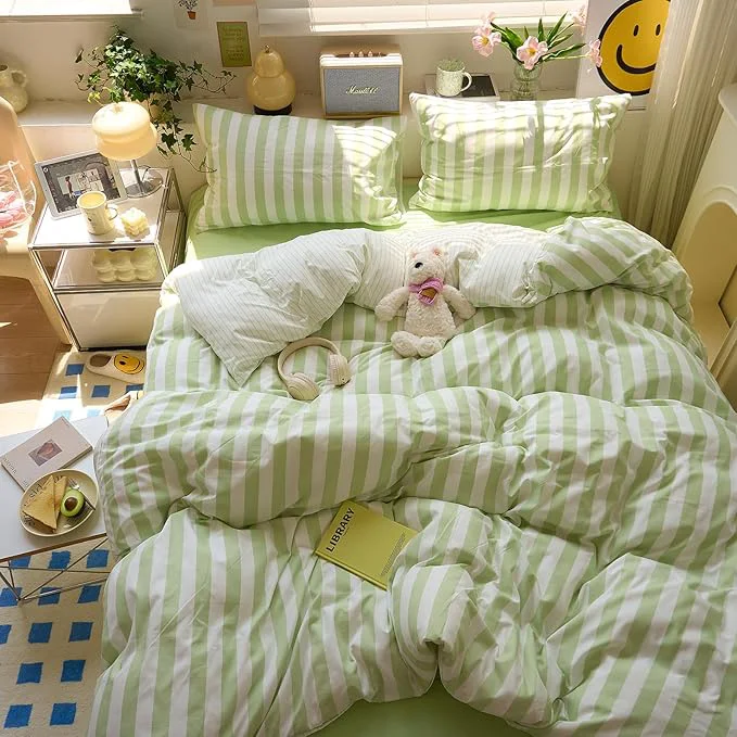 Sophisticated Green Striped Duvet Cover King Boho Cute Comforter Cover King Size Farmhouse Coquette Vintage Soft Duvet Cover Set with 2 Pillow Cases College Bedding for Boys Washed Microfiber Duvet Protector Comfortable