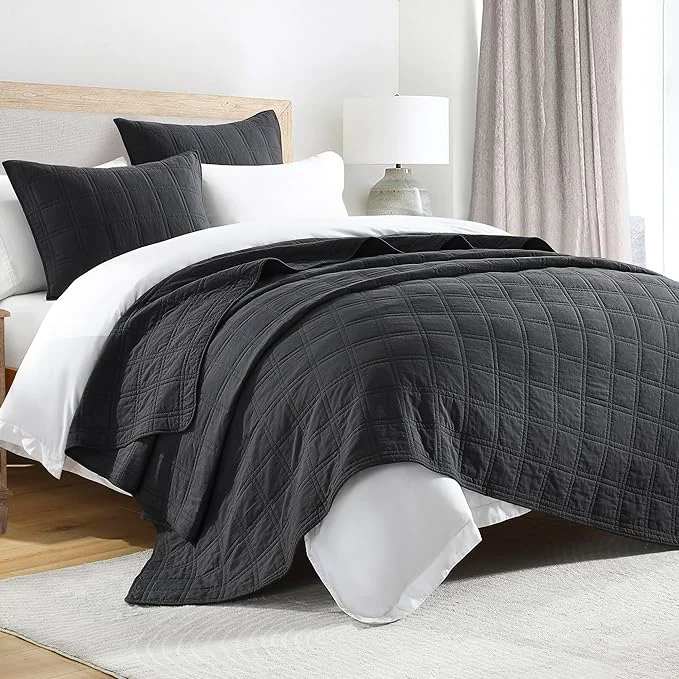 Elegant HORIMOTE HOME Cotton Quilt Set Twin Size Charcoal Pre-Washed Bedspreads Coverlet Set in Geometric Pattern Cozy Lightweight Stitching Decorative Bedding Cover with 1 Sham for All Season Solid