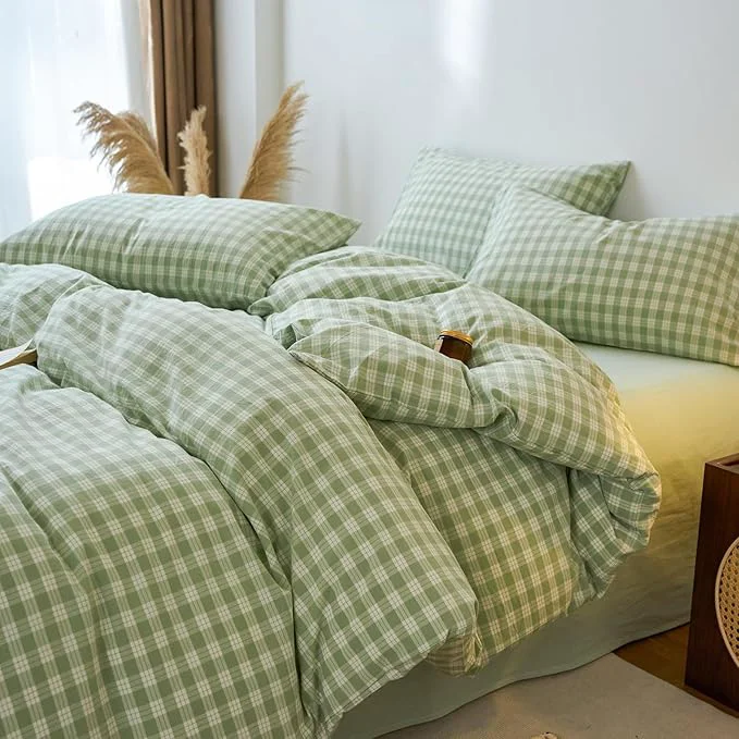 Safe Green Gingham Twin Bed Duvet Cover Washed Cotton Boho Comforter Cover Twin Size Soft Cute Farmhouse Plaid Duvet Cover Set with Hidden Zipper Chic Teen Bedding Set Checkered Duvet Protector Trendy