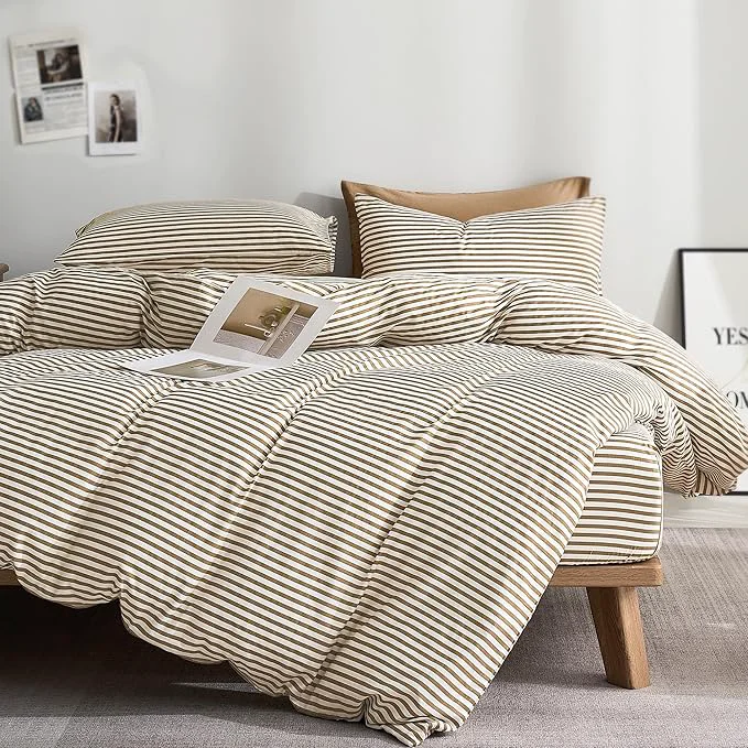 Consistent JELLYMONI Natural Cotton 3pcs Striped Duvet Cover Sets White Duvet Cover with Khaki Stripes Pattern Printed Comforter Cover with Zipper Closure amp Corner Ties Cal King Size Safe