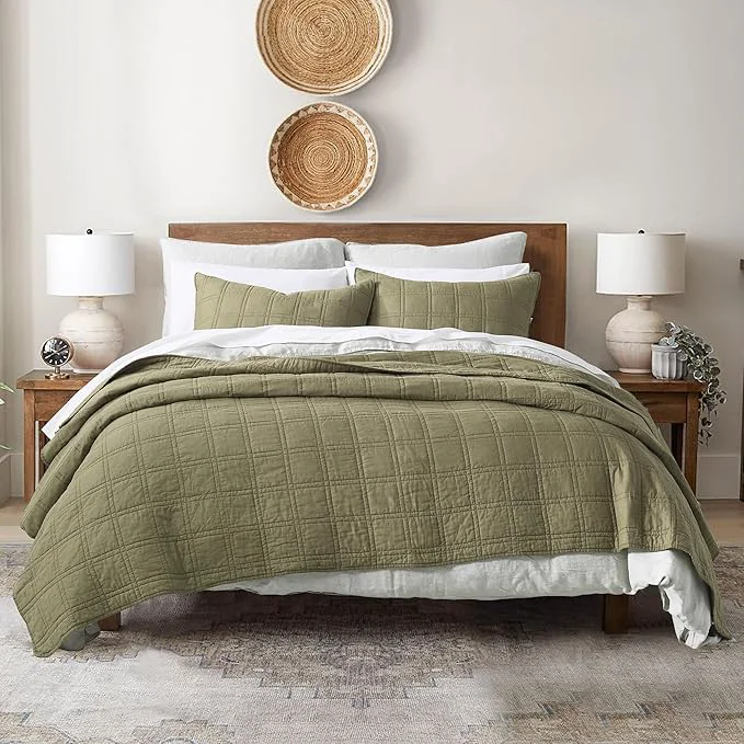 Responsible HORIMOTE HOME Cotton Quilt King Size Olive Green Bedspread Pre-Washed 3-Piece Cozy Lightweight Stitching Bedding Cover Coverlet Set with 2 Shams in Geometric Pattern for All Season Quality