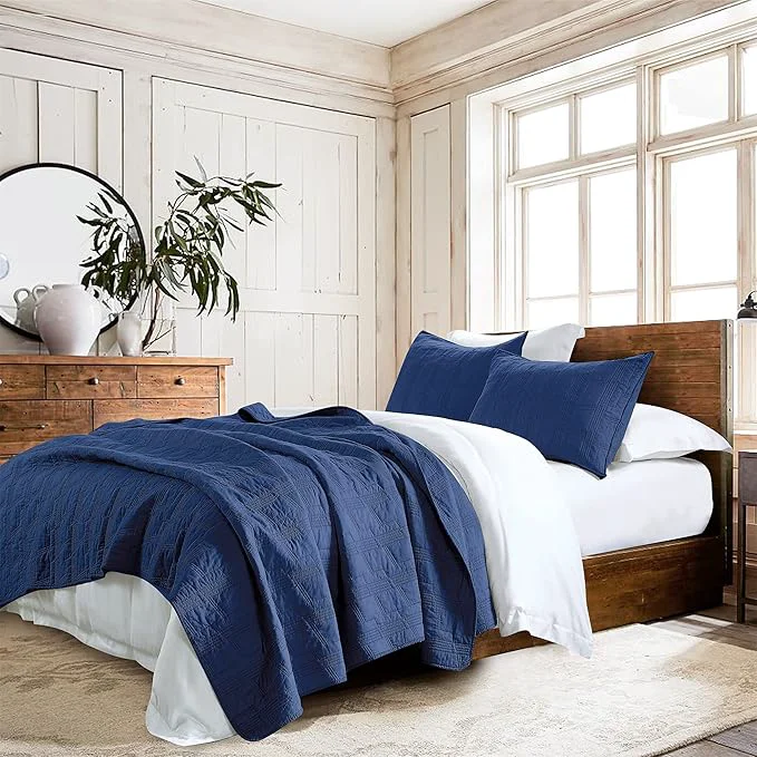 Trusted HORIMOTE HOME Cotton Quilt Set King Size Navy Blue Pre-Washed 3-Piece Bedspread Coverlet Set Cozy Lightweight Stitching Bedding Cover with 2 Shams in Geometric Pattern for All Season Premium Material