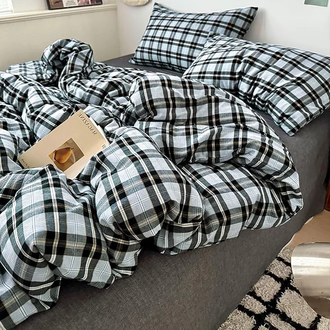 Fast VM VOUGEMARKET Buffalo Gingham Duvet Cover Set Queen 3 Pieces Washed Cotton Bedding Set Breathable Luxury Plaid Comforter Cover with Zipper Closure for Boys Men Black amp Grey Clean