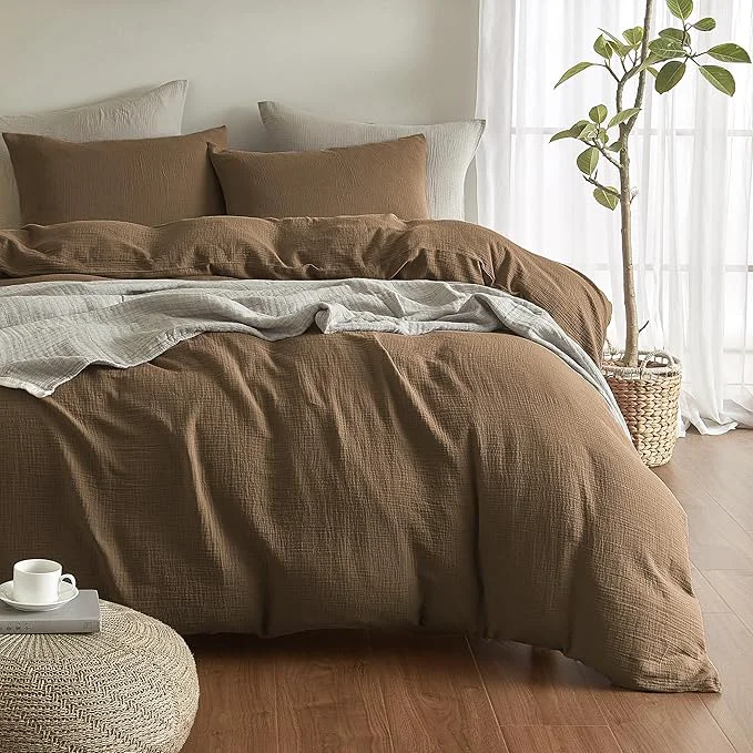 Crafted SE SOFTEXLY Muslin Duvet Cover King Size Washed Cotton Duvet Cover Set Ultra Soft Comforter Cover Linen Like 3 Pieces Minimalist Gauze Duvet Cover with 2 Pillowcases 90 quot x104 quot Dark Brown Long-Lasting