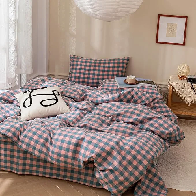 Artisan VM VOUGEMARKET Gingham Duvet Cover Set King 3 Pieces Washed Cotton Pink Purple Blue Plaid Checkered Printed Comforter Cover with Zipper Soft Lightweight amp Breathable Quilt Cover Set Stylish