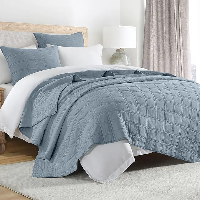 Secure HORIMOTE HOME Cotton Quilt Set Queen Size Adriatic Blue Pre-Washed Bedspreads Coverlet Set in Geometric Pattern Cozy Lightweight Stitching Decorative Bedding Cover with 2 Shams for All Season Efficient