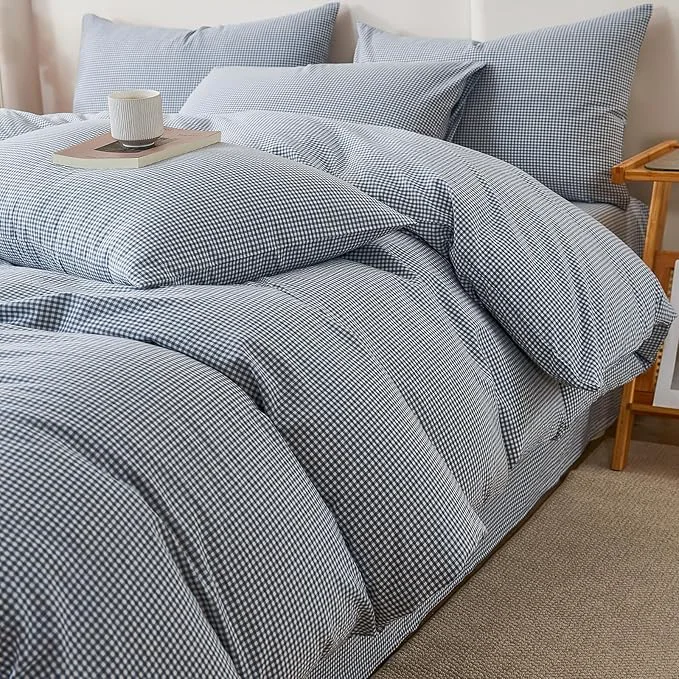 Elegant Blue Gingham Twin Duvet Cover Washed Cotton Plaid Twin Comforter Cover Farmhouse Boho Soft Breathable Duvet Cover Set with 2 Pillowcases Checkered Zipper Bedding Set Cute Duvet Protector Flexible