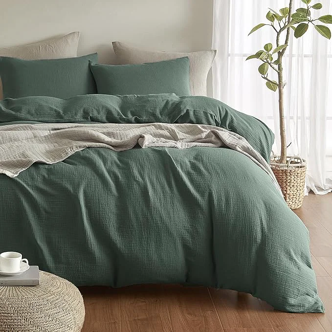 Stylish SE SOFTEXLY Muslin Duvet Cover Queen Size Washed Cotton Duvet Cover Set Ultra Soft Comforter Cover Linen Like 3 Pieces Minimalist Gauze Duvet Cover with 2 Pillowcases 90 quot x90 quot Forest Green
