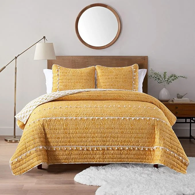 Quality HORIMOTE HOME Boho Style Yellow Twin Quilt Set with Tassle Soft and Lightweight Bedspread for All Season Twin Size Bed Coverlet with 1 Matching Pillow Sham 2 Pieces Minimalist
