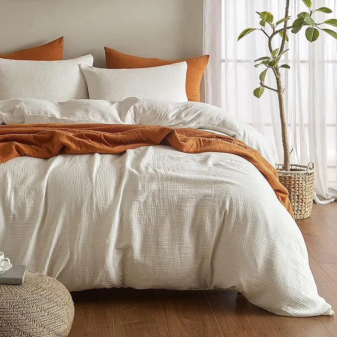 Original Design SE SOFTEXLY Muslin Duvet Cover Oversized King Size Washed Cotton Duvet Cover Set Ultra Soft Comforter Cover Linen Like 3 Pieces Gauze Duvet Cover with 2 Pillowcases 98 quot x120 quot White Practical