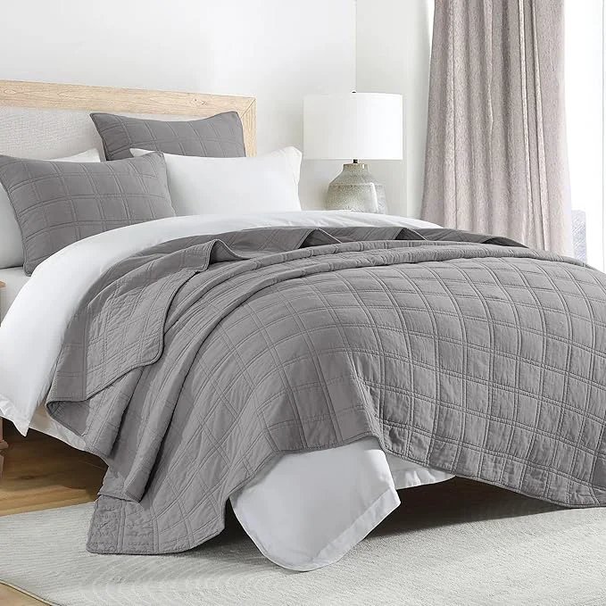 Next-Generation HORIMOTE HOME Cotton Quilt Set King Size Grey Pre-Washed Bedspreads Coverlet Set in Geometric Pattern Cozy Lightweight Stitching Decorative Bedding Cover with 2 Shams for All Season Certified