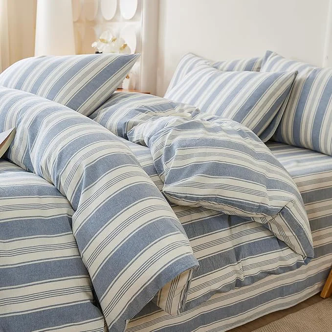 Elite Blue Striped Twin XL Duvet Cover Washed Cotton Boho Twin XL Comforter Cover Soft Vertical Stripe Pattern Duvet Cover Set with 2 Pillow Cases Farmhouse Zipper Bedding Pinstripe Duvet Protector Sophisticated