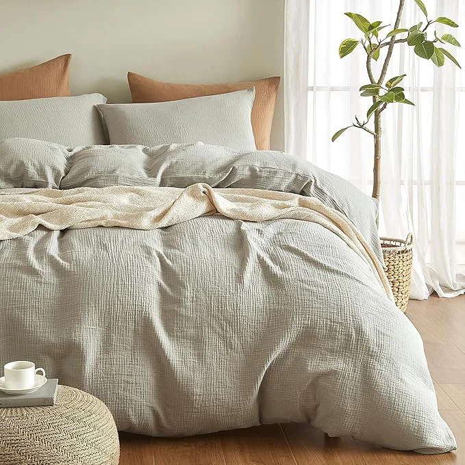 Clean SE SOFTEXLY Muslin Duvet Cover Queen Size Washed Cotton Duvet Cover Set Ultra Soft Comforter Cover Linen Like 3 Pieces Minimalist Gauze Duvet Cover with 2 Pillowcases 90 quot x90 quot Smoky-Green Fashionable