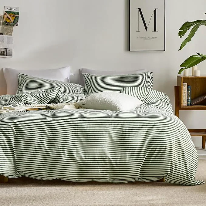 User-Friendly JELLYMONI Natural Cotton 3pcs Striped Duvet Cover Sets White Duvet Cover with Green Stripes Pattern Printed Comforter Cover with Zipper Closure amp Corner Ties King Size Specialty