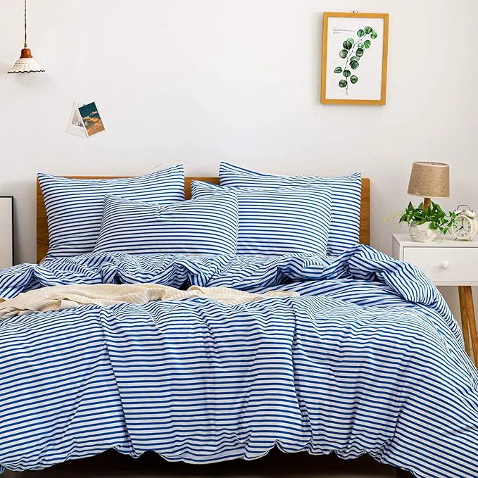 Premium Material JELLYMONI Natural Cotton 3pcs Striped Duvet Cover Sets White Duvet Cover with Blue Stripes Pattern Printed Comforter Cover with Zipper Closure amp Corner Ties Queen Size High-Quality
