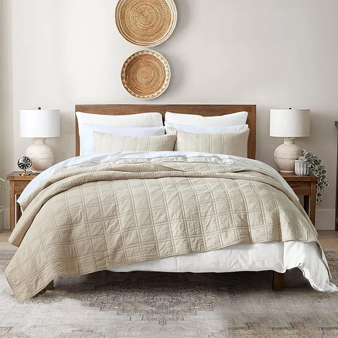 Sustainable HORIMOTE HOME Cotton Quilt Queen Size Beige Bedspread Pre-Washed 3-Piece Cozy Lightweight Stitching Decorative Bedding Cover Coverlet Set with 2 Shams in Geometric Pattern for All Season Pure