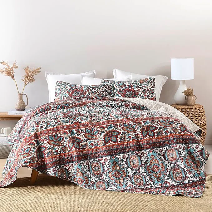 Luxury HORIMOTE HOME Boho Quilt Queen Size Reversible Bohemian Style Twill Strip Floral Quilt Beddding Set Colorful and Soft Bedspread Full Size Quilt Coverlet for All Season 2 Pillow Shams 3 Pieces Dependable