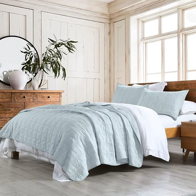 Artisan HORIMOTE HOME Cotton Quilt Set Twin Size Baby Blue Pre-Washed 2-Piece Bedspread Coverlet Set Cozy Lightweight Stitching Bedding Cover with 1 Shams in Geometric Pattern for All Season Solid