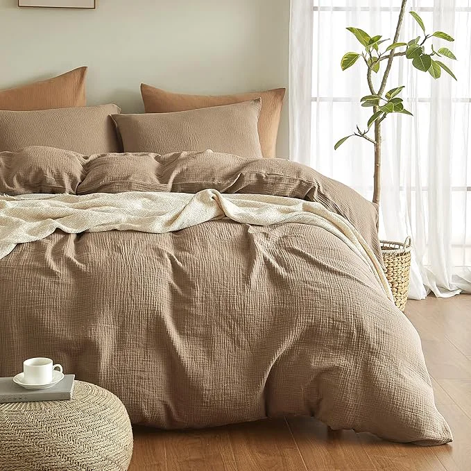 Lightweight SE SOFTEXLY Muslin Duvet Cover King Size Washed Cotton Duvet Cover Set Ultra Soft Comforter Cover Linen Like 3 Pieces Minimalist Gauze Duvet Cover with 2 Pillowcases 90 quot x104 quot Light Brown Reliable