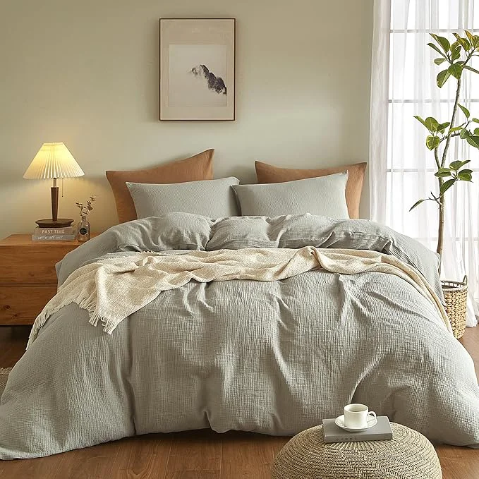 Practical SE SOFTEXLY Muslin Duvet Cover King Size Washed Cotton Duvet Cover Set Ultra Soft Comforter Cover Linen Like 3 Pieces Minimalist Gauze Duvet Cover with 2 Pillowcases 90 quot x104 quot Nature Traditional