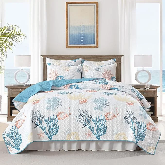 Clean HORIMOTE HOME Coastal Quilt Bedding Set Queen Size Reversible Summer Beach Quilt Lightweight Ocean Nautical Comforter Tropical Bedspread Coverlet with 2 Pillow Shams for All Seasons 90 quot x96 quot Top-Quality