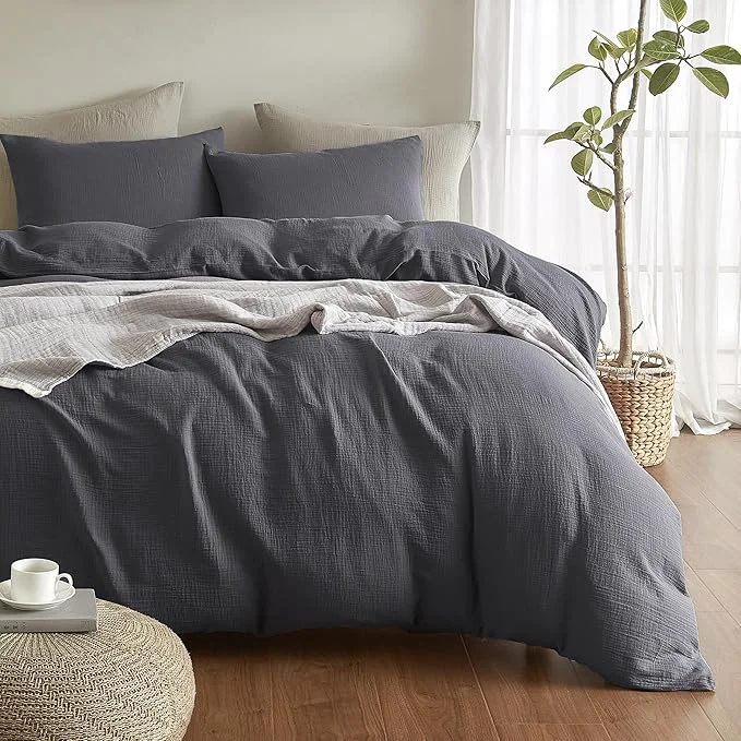 Carefully Designed SE SOFTEXLY Muslin Duvet Cover Queen Size Washed Cotton Duvet Cover Set Ultra Soft Comforter Cover Linen Like 3 Pieces Minimalist Gauze Duvet Cover with 2 Pillowcases 90 quot x90 quot Dark Grey Comfortable