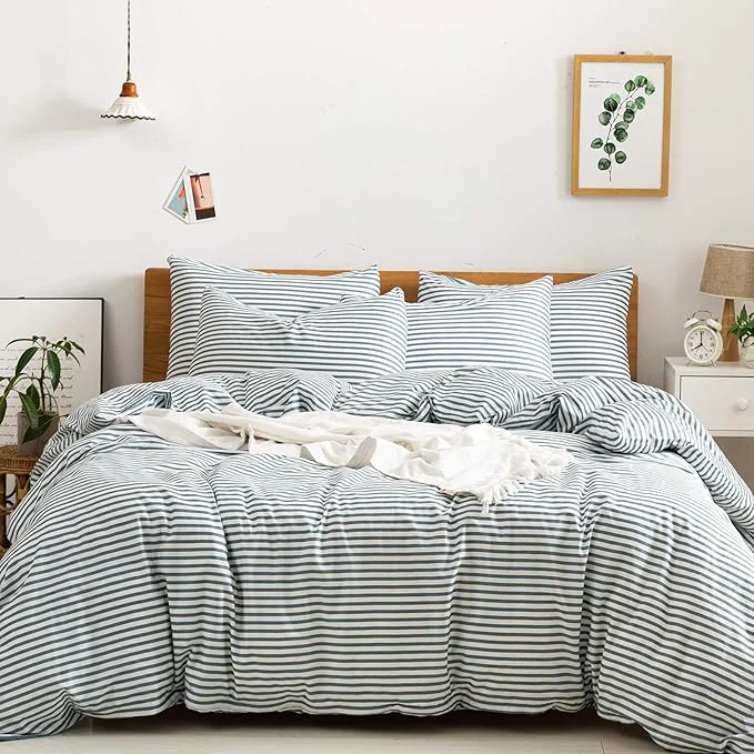 Quality JELLYMONI Natural Cotton 3pcs Striped Duvet Cover Sets White Duvet Cover with Grayish Blue Stripes Pattern Printed Comforter Cover with Zipper Closure amp Corner Ties Queen Size Consistent