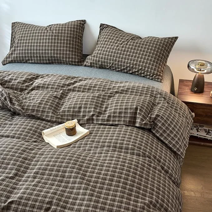 Convenient Plaid Full Duvet Cover Set Brown Washed Cotton Full Size Comforter Cover Soft Boho Pattern Taupe Duvet Cover Set with 2 Pillow Cases Checkered Zipper Bedding Set Farmhouse Duvet Protector Minimalist