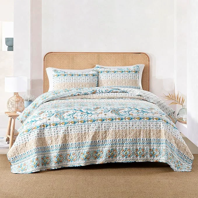 Healthy Boho Style Queen Quilt Set Reversible Bohemian Paisley Teal Quilt Beddding Set Soft and Lightweight Bedspread for All Season Full Size Bed Coverlet with 2 Matching Pillow Shams 3 Pieces Casual