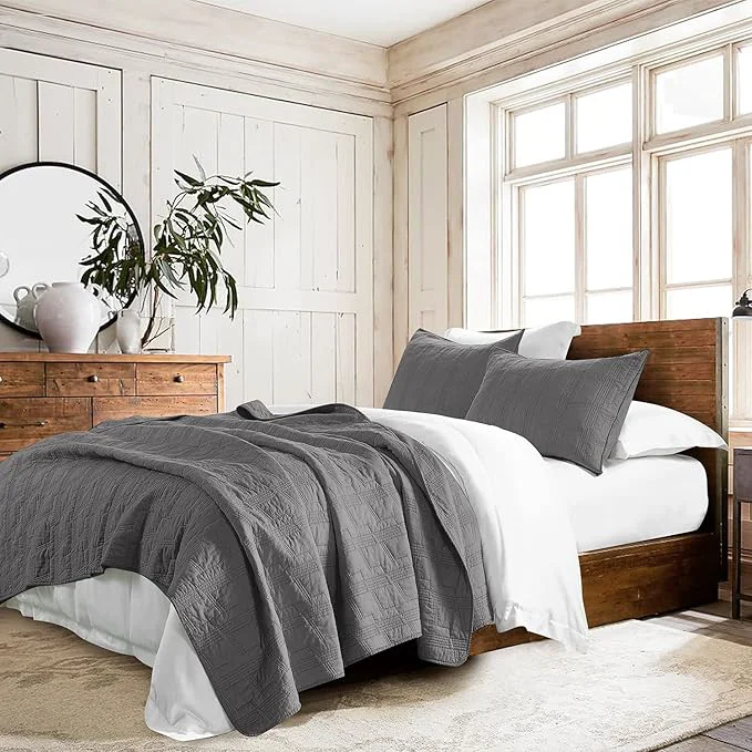 Elegant HORIMOTE HOME Cotton Quilt Set King Size Dark Grey Pre-Washed 3-Piece Bedspread Coverlet Set Cozy Lightweight Stitching Bedding Cover with 2 Shams in Geometric Pattern for All Season Top-Quality