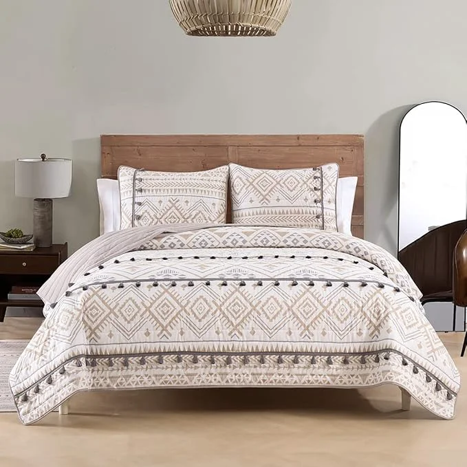 Refined HORIMOTE HOME Boho Style Beige King Quilt Set with Tassle Soft and Lightweight Bedspread for All Season King Size Bed Coverlet with 2 Matching Pillow Shams 3 Piece Long-Lasting