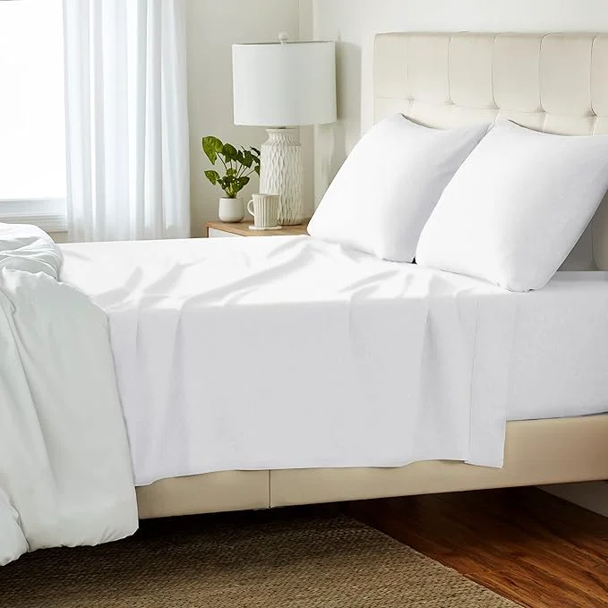 Fashionable Amazon Basics 4 Piece Comfortable Cotton Jersey Bed Sheet Set Includes Soft Flat and Fitted Sheets Pillowcase Queen White Solid Natural