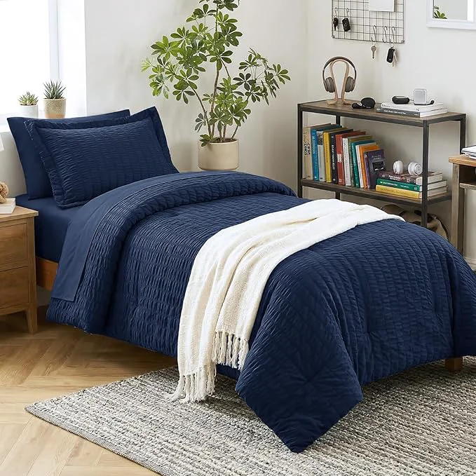 Powerful CozyLux Twin Comforter Set with Sheets 5 Pieces Navy Blue Seersucker Textured Bed in a Bag Luxury Soft Bedding Sets with Down Comforter Sheets Pillowcase amp Sham for All Seasons Long-Lasting