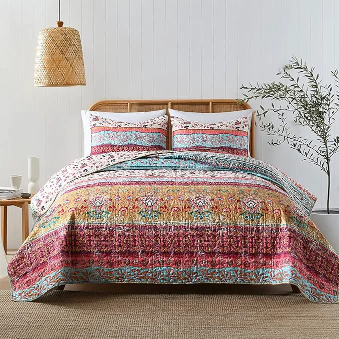 Genuine Boho Style Twin Size Quilt Set Reversible Bohemian Floral Strip Quilt Beddding Set Soft and Lightweight Bedspread for All Season XL Twin Bed Coverlet with 1 Matching Pillow Sham 2 Pieces Modern