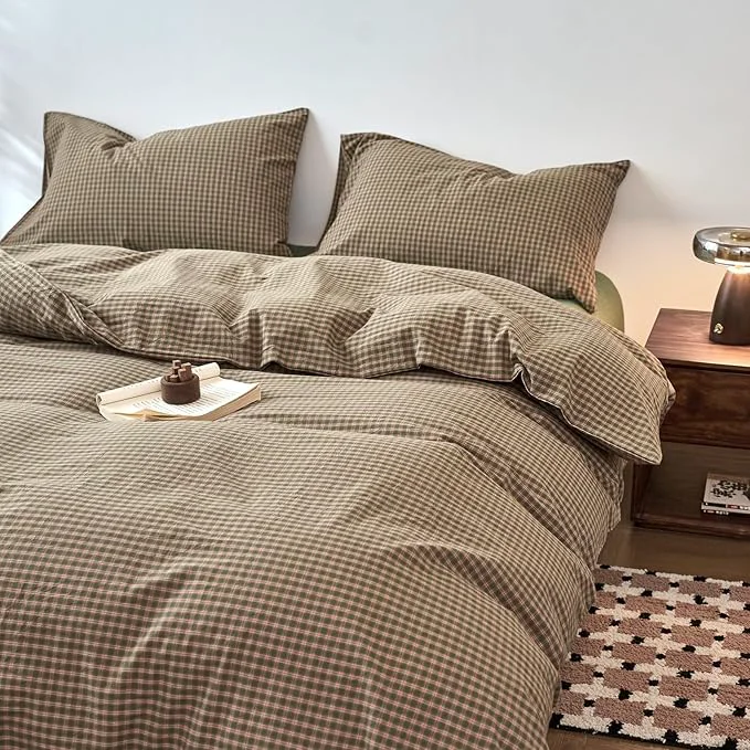 Eco-Friendly Gingham Queen Duvet Cover Set Sage Green Washed Cotton Queen Size Comforter Cover Plaid Checkered Country Zipper Duvet Cover Set with Corner Ties Boho Soft Bedding Set for Boys Duvet Protector Effective
