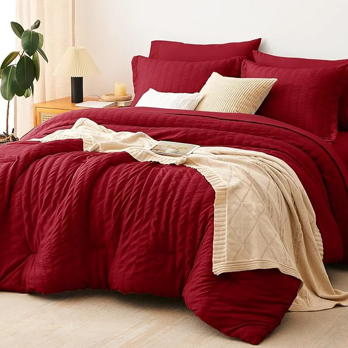 Consistent CozyLux Queen Comforter Set Dark Red Seersucker 7 Pieces Bed in a Bag Queen Comforter Set with Sheets Luxury Soft Bedding Sets with Down Comforter Sheets Pillowcases amp Shams All Seasons Next-Generation