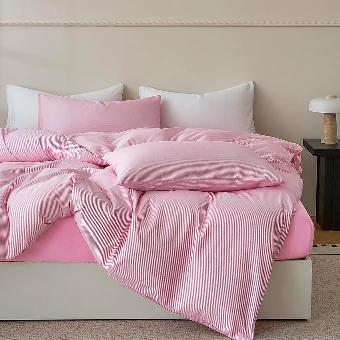 Secure JELLYMONI Natural Cotton 2pcs Striped Duvet Cover Sets White with Pink Stripes Pattern Printed Comforter Cover with Zipper Closure amp Corner Ties Twin Size Organic