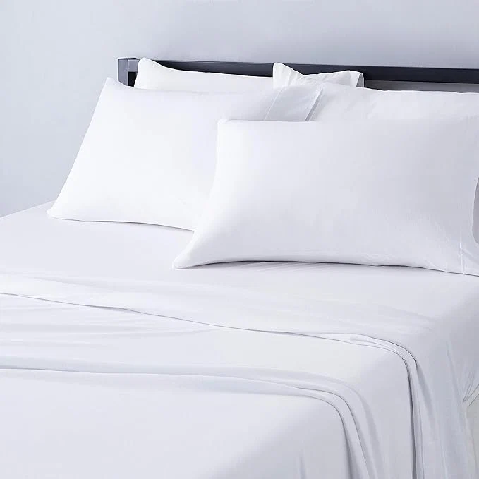 Clean Amazon Basics 4 Piece Bed Sheet Set Cotton Jersey Includes Super Soft Flat and Fitted Sheets Pillowcase King White Solid Dependable