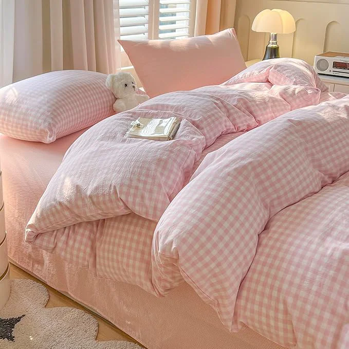 Reliable Pink Gingham Queen Duvet Cover Washed Cotton Plaid Comforter Cover Queen Boho Cute Farmhouse Soft Duvet Cover Set with 2 Pillow Cases Cottage Core Zipper Bedding Set for Girls Duvet Protector Eco-Friendly