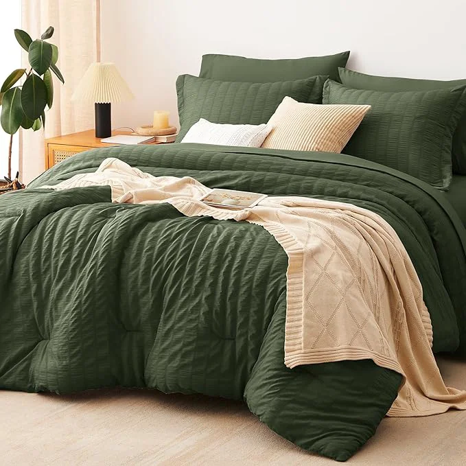 Carefully Designed CozyLux Full Size Comforter Sets with Sheets 7 Pieces Olive Green Seersucker Bed in a Bag Textured Luxury Soft Bedding Sets with Down Comforter Sheets Pillowcases amp Shams for All Season Exclusive