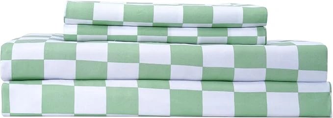 Fast Season Bed Sheet Set 3 Piece -Twin Size-Soft Durable Microfiber Bedding Sheet Set Deep Pocket Stain Fade amp Wrinkle Resistant Green and White Checkerboard Grid Plaid Green amp White Trendy