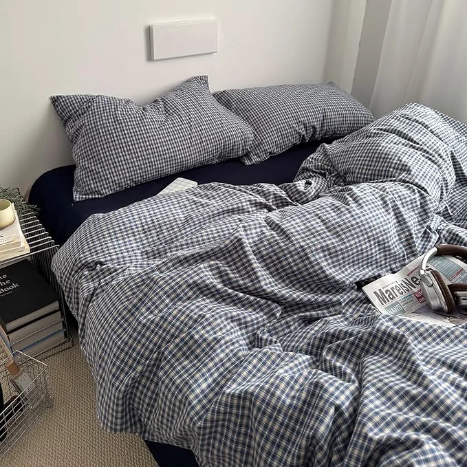 First-Class Navy Blue Gingham Duvet Cover Twin XL Washed Cotton Plaid Twin XL Comforter Cover Farmhouse Soft Breathable Checkered Duvet Cover Set with Zipper Vintage Boho Bedding Neutral Duvet Protector