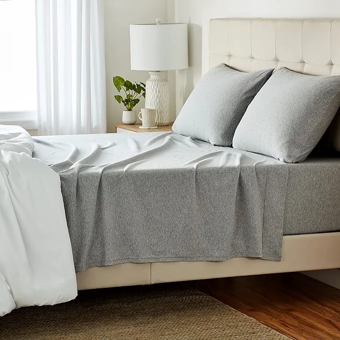 Certified Amazon Basics 4 Piece Bed Sheet Set Cotton Jersey Includes Super Soft Flat and Fitted Sheets Pillowcase Queen Light Gray Solid Crafted