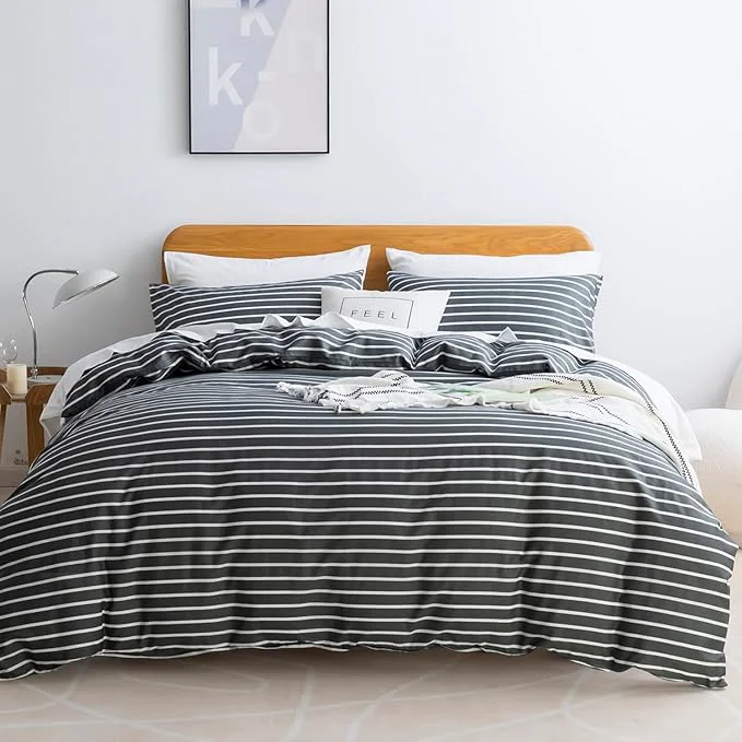 Carefully Designed JELLYMONI Natural Cotton 2pcs Striped Duvet Cover Sets Dark Grey Duvet Cover with White Stripes Pattern Printed Comforter Cover with Zipper Closure amp Corner Ties Twin Size Healthy