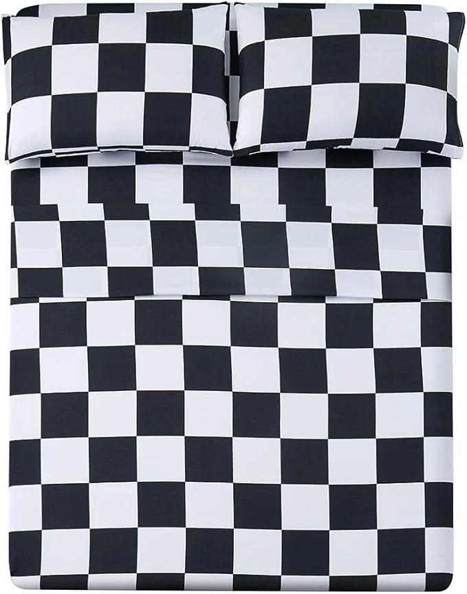 Elite Season Bed Sheet Set 3 Pieces -Twin Size-Soft Durable Microfiber Bedding Sheet Set Deep Pocket Stain Fade amp Wrinkle Resistant Plaid Black amp White Long-Lasting