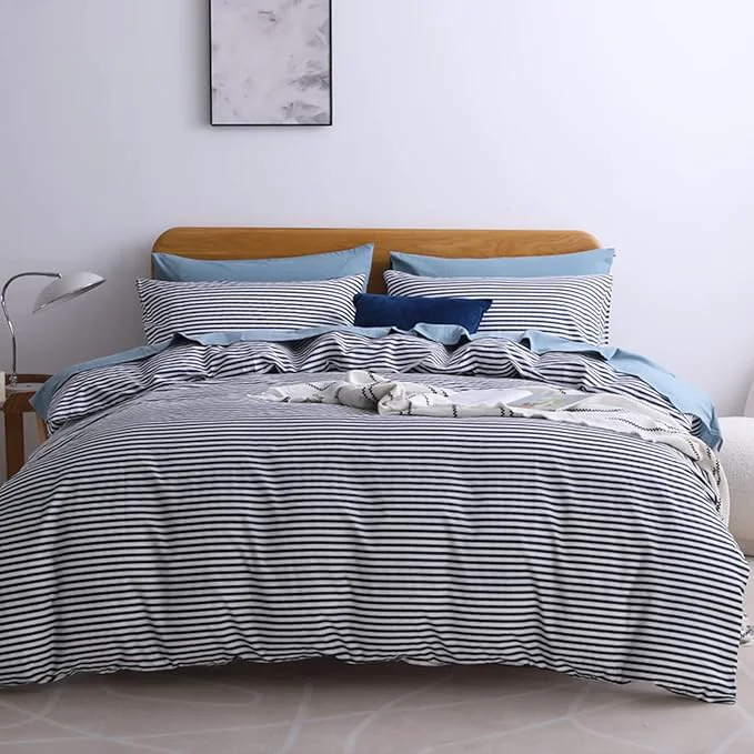 Classic JELLYMONI Natural Cotton 2pcs Striped Duvet Cover Sets White Duvet Cover with Navy Blue Stripes Pattern Printed Comforter Cover with Zipper Closure amp Corner Ties Twin Size Powerful