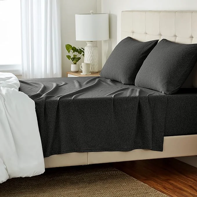 Versatile Amazon Basics 4 Piece Bed Sheet Set Cotton Jersey Includes Super Soft Flat and Fitted Sheets Pillowcase Queen Dark Gray Solid Easy-to-Use