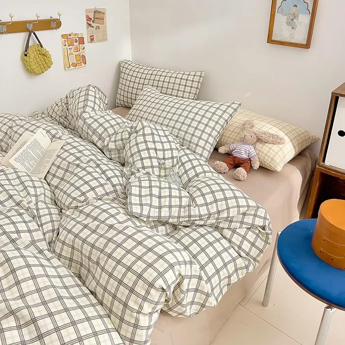 Dependable Plaid King Size Duvet Cover Cotton Double Gauze Comforter Cover King Size Boho Vintage Grey Zipper Duvet Cover Set with 2 Pillow Cases Farmhouse Gray Bedding Set Cute Duvet Protector Elegant