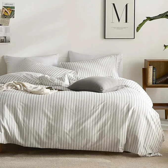 Contemporary JELLYMONI Striped Duvet Cover Set – Full Size Cotton – 3PCS White amp Grey Vertical Stripes Bedding – Hidden Zipper Closure amp 8 Corner Ties – Breathable Comforter Cover for Bedroom High-End