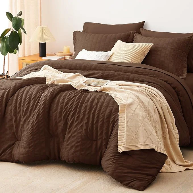High-End CozyLux Full Size Comforter Sets with Sheets 7 Pieces Brown Seersucker Bed in a Bag Textured Luxury Soft Bedding Sets with Down Comforter Sheets Pillowcases amp Shams for All Seasons Exceptional